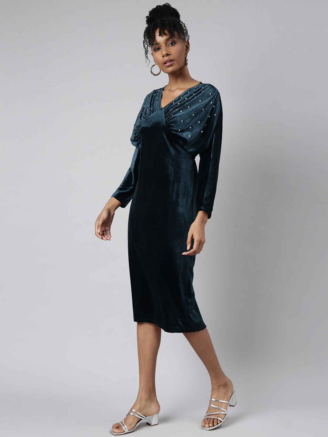 Women's Teal Embellished Puff Sleeve Empire Party Dress