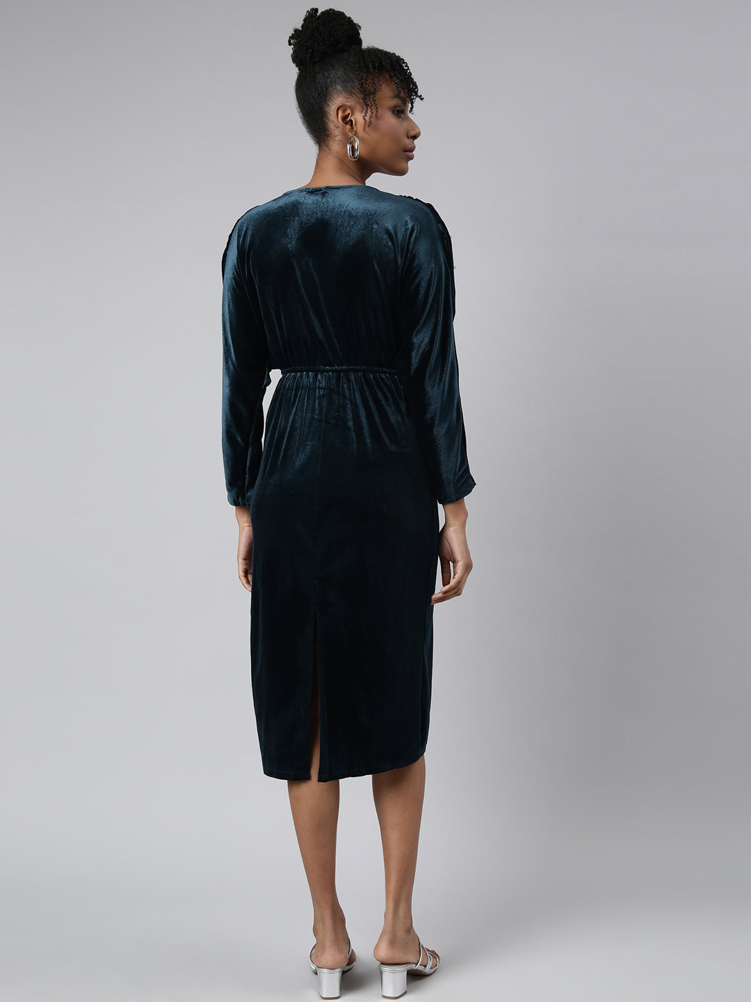 Women's Teal Embellished Puff Sleeve Empire Party Dress