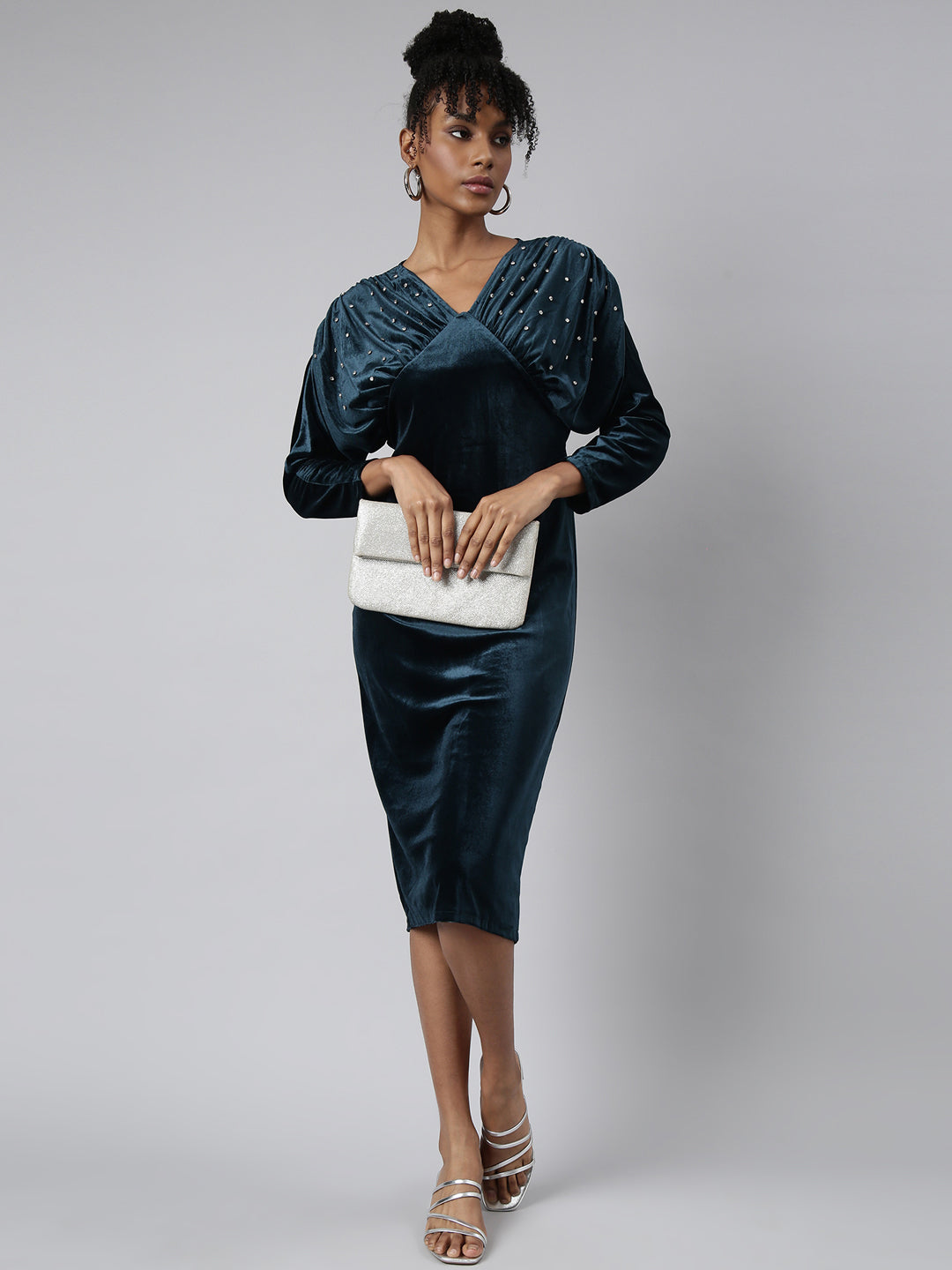 Women's Teal Embellished Puff Sleeve Empire Party Dress