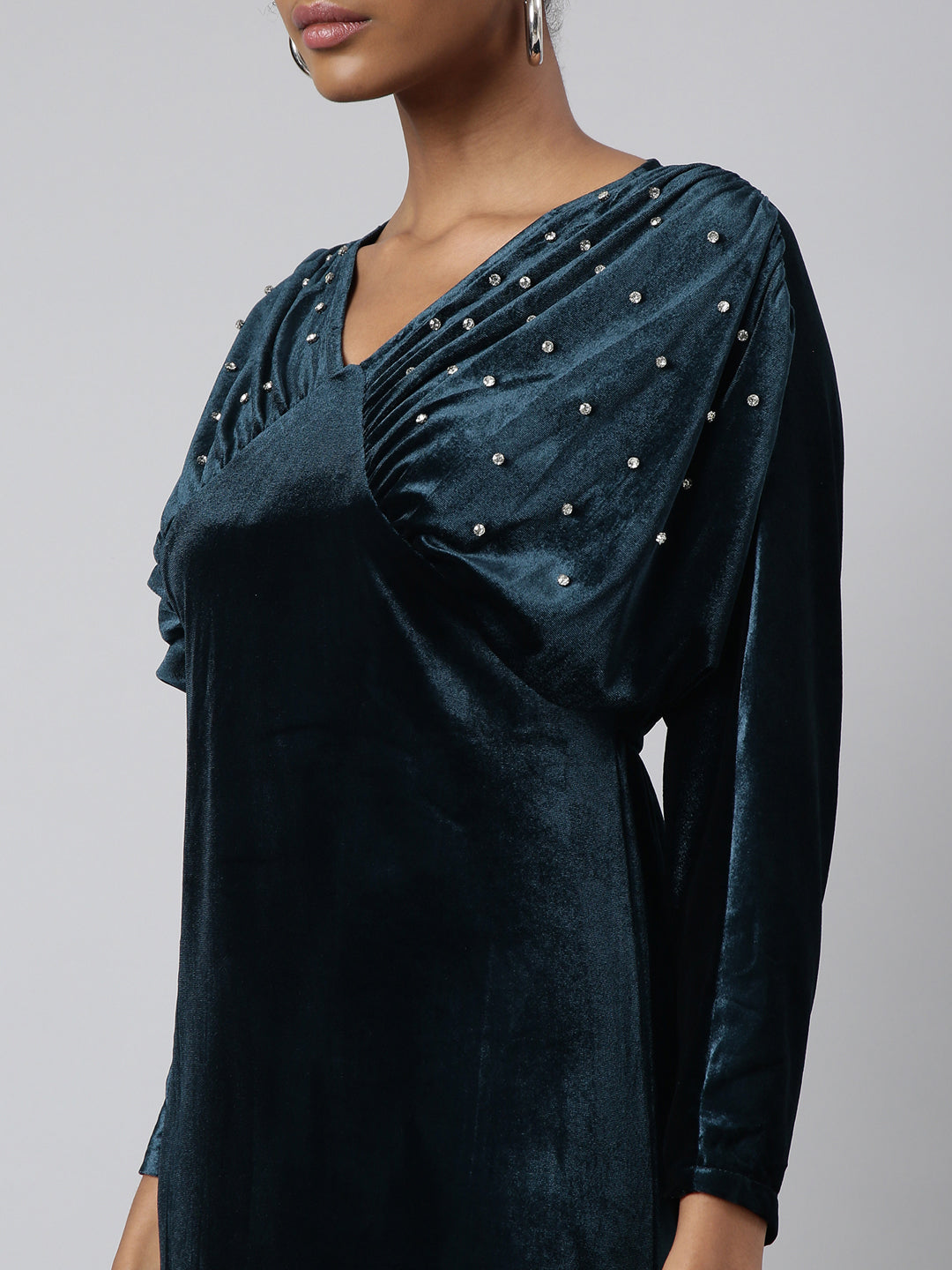 Women's Teal Embellished Puff Sleeve Empire Party Dress