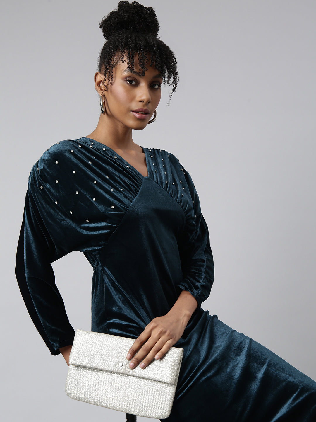 Women's Teal Embellished Puff Sleeve Empire Party Dress