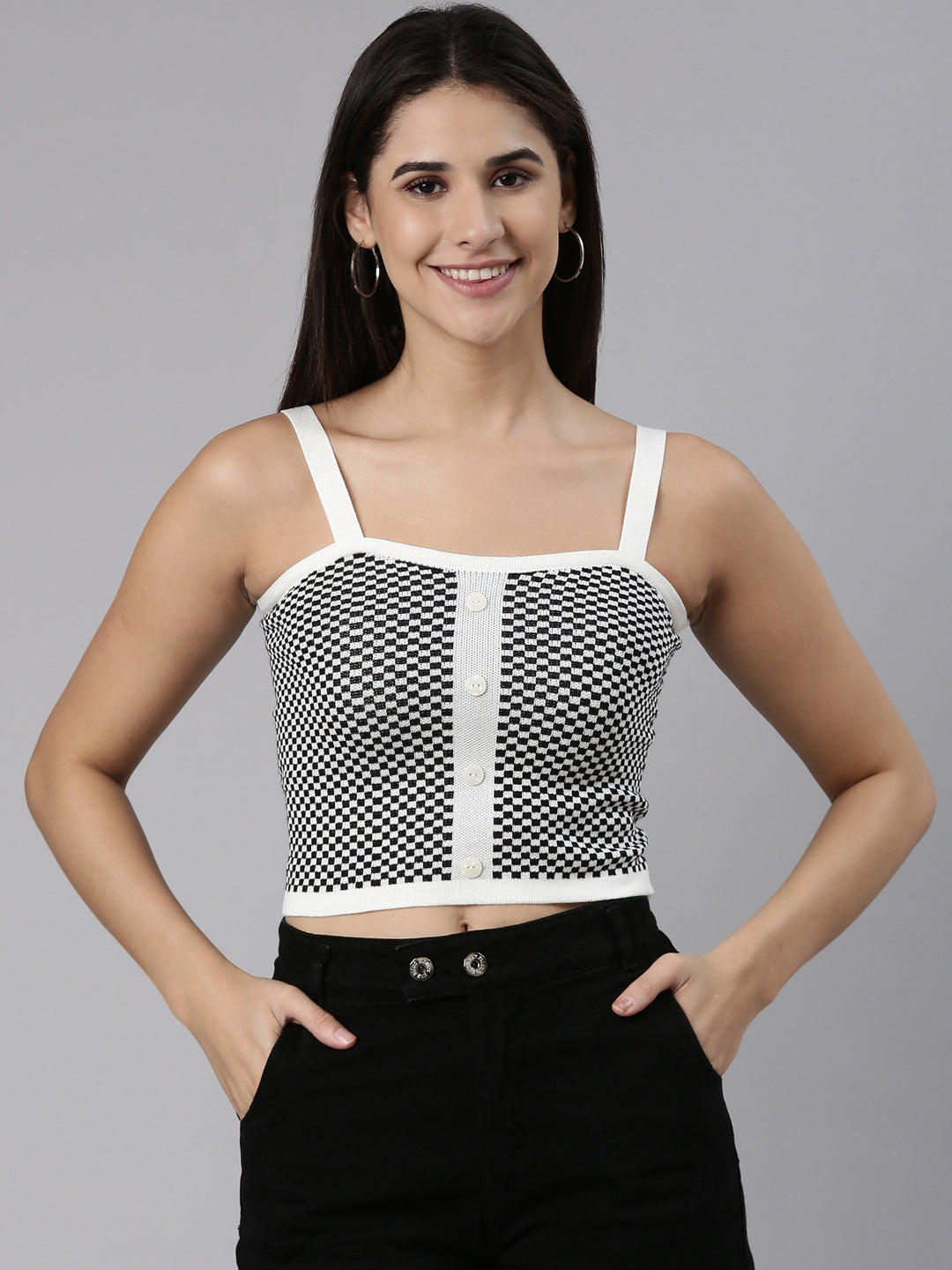 Shoulder Straps Checked Sleeveless Black Crop Tank Top