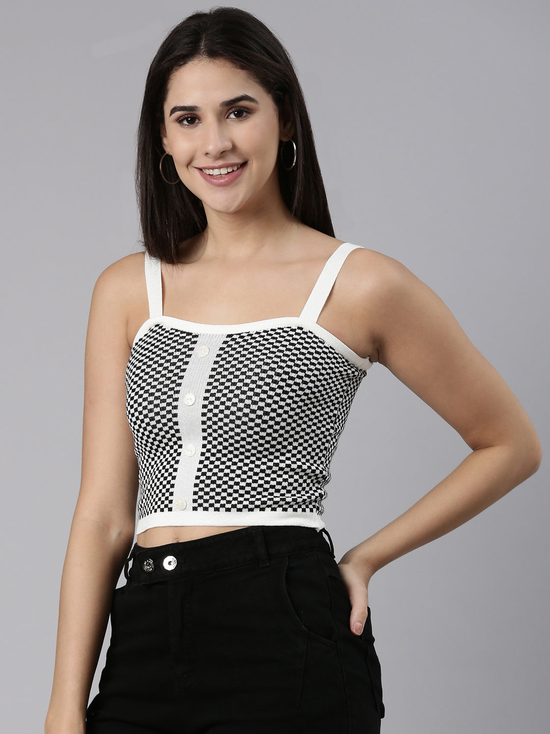 Shoulder Straps Checked Sleeveless Black Crop Tank Top