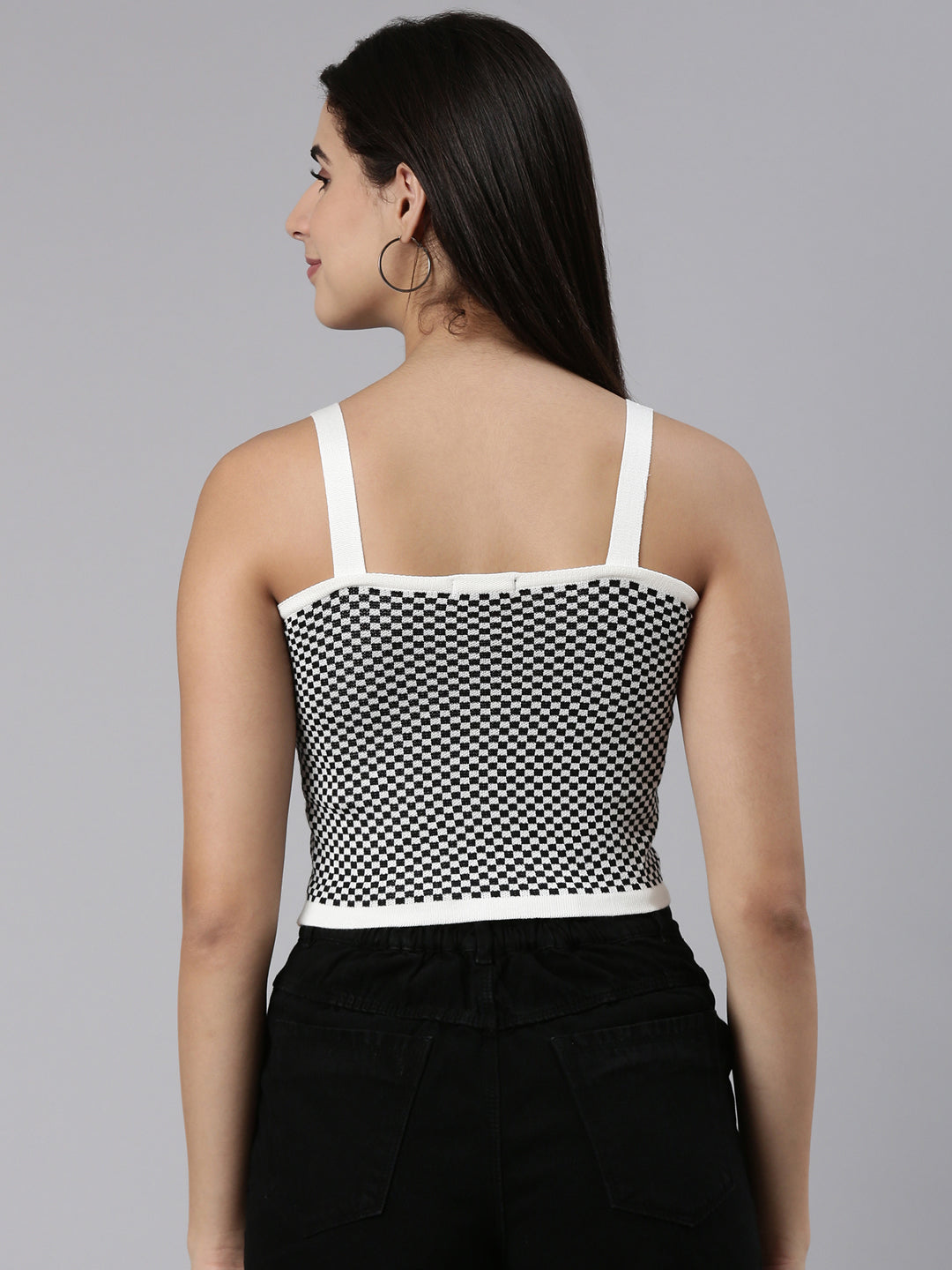 Shoulder Straps Checked Sleeveless Black Crop Tank Top