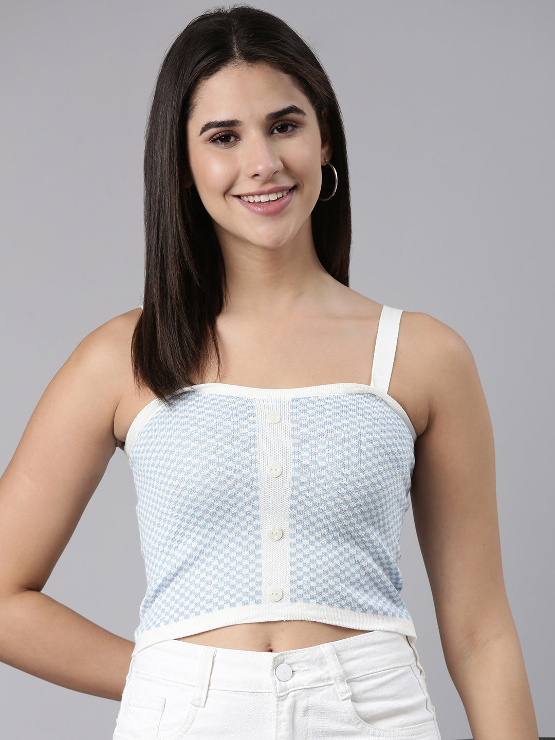 Women Shoulder Straps Checked Sleeveless Blue Crop Tank Top