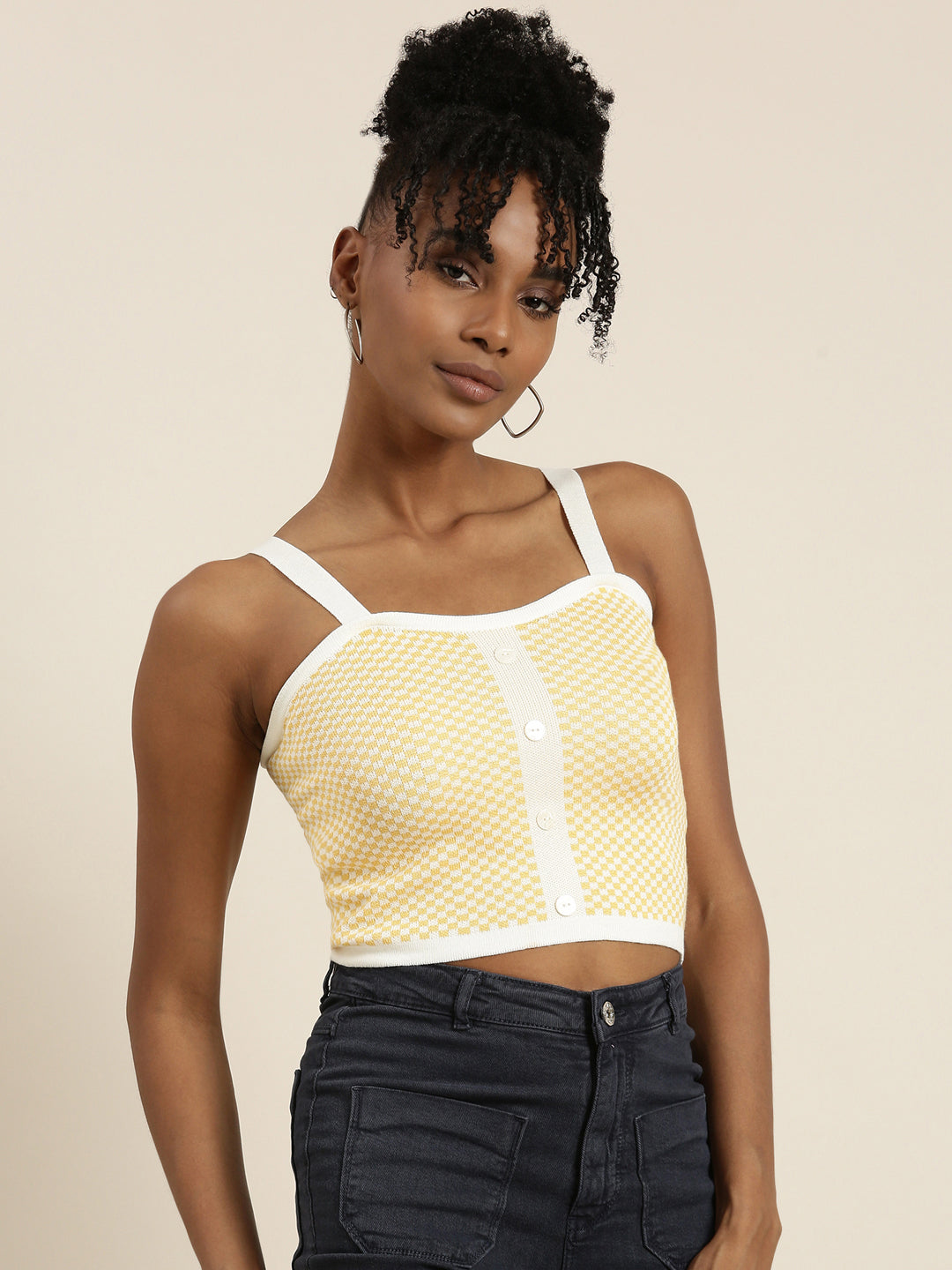 Women's Yellow Checked Shoulder Straps Crop Top