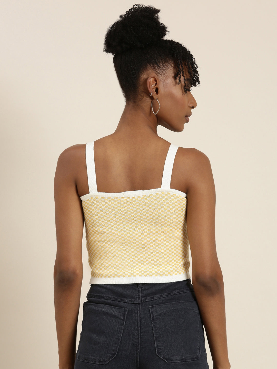 Women's Yellow Checked Shoulder Straps Crop Top