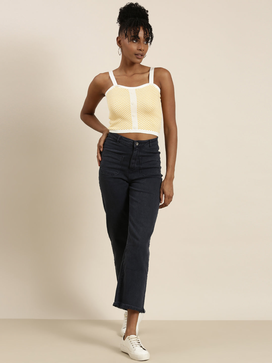 Women's Yellow Checked Shoulder Straps Crop Top