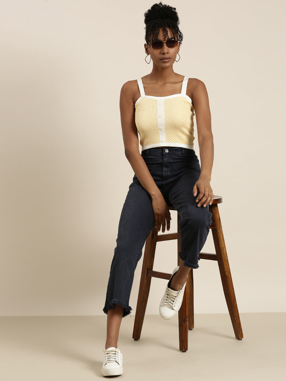 Women's Yellow Checked Shoulder Straps Crop Top