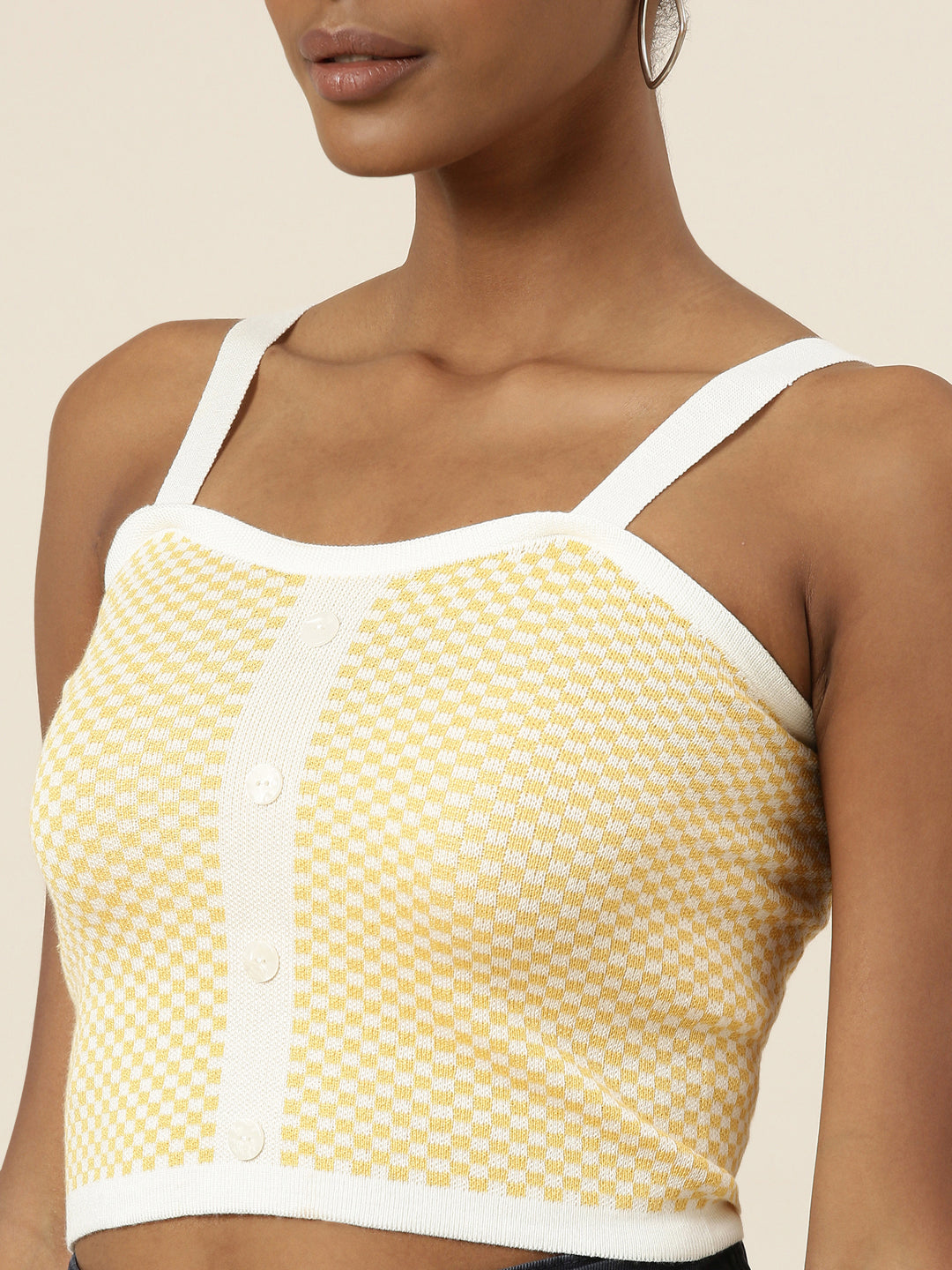 Women's Yellow Checked Shoulder Straps Crop Top