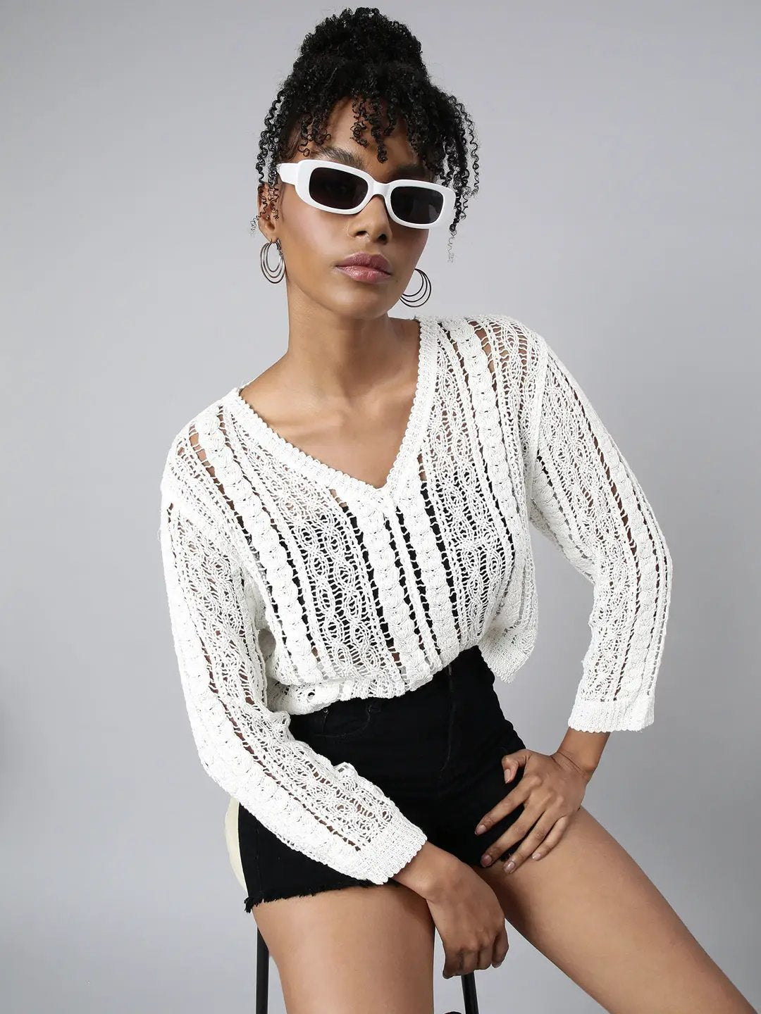 Women's White Self Design Crochet Top