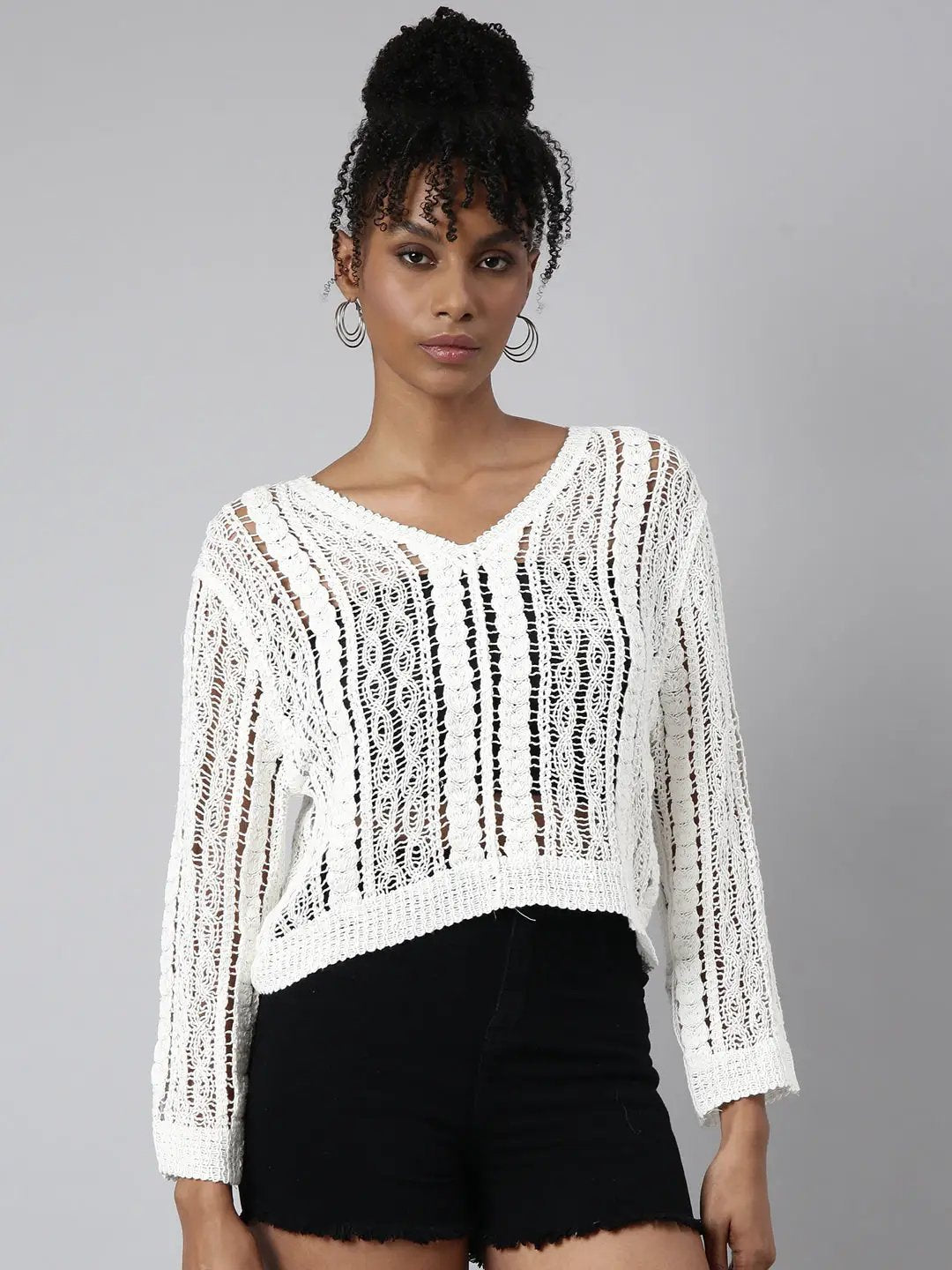 Women's White Self Design Crochet Top