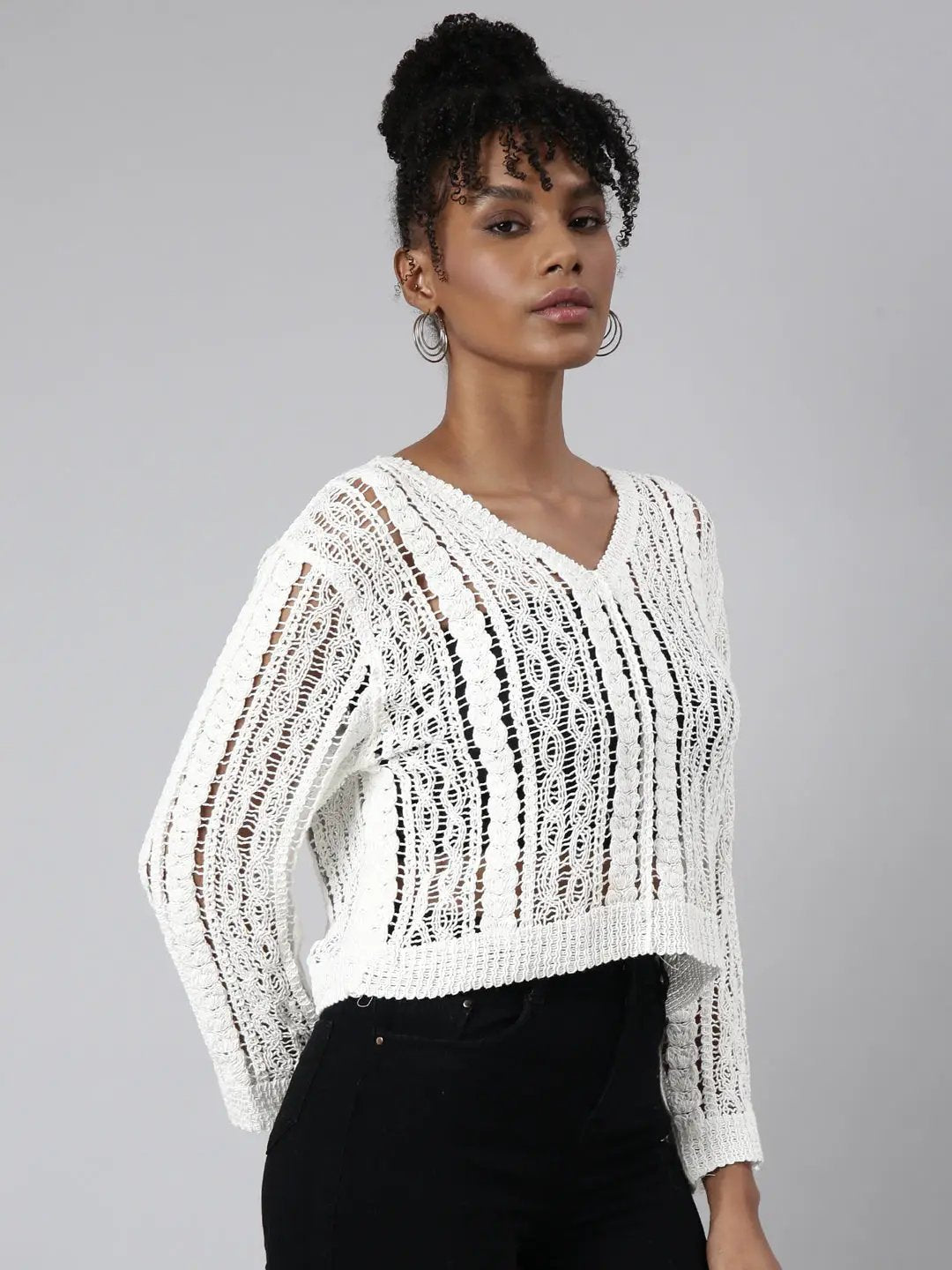 Women's White Self Design Crochet Top