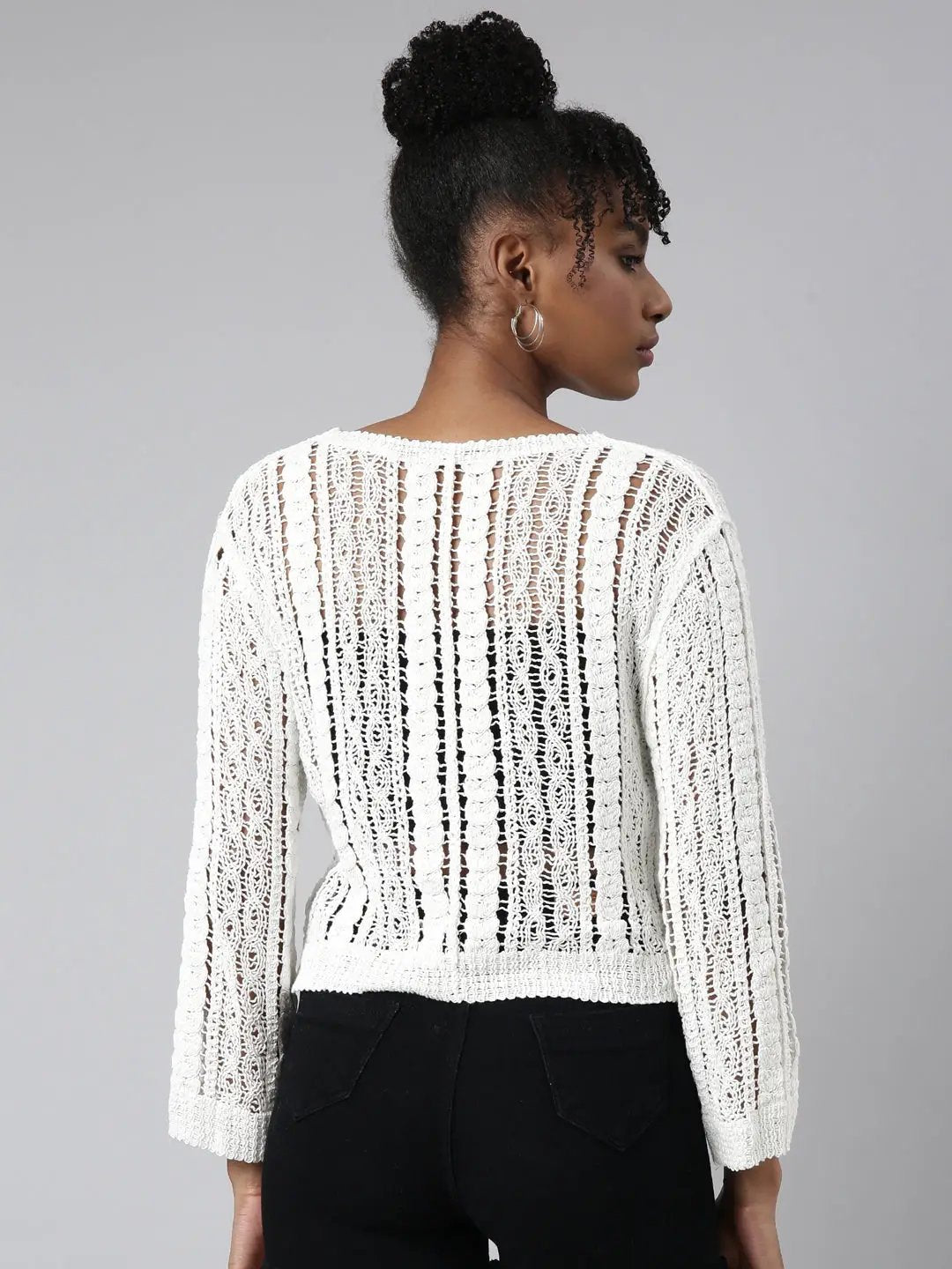 Women's White Self Design Crochet Top
