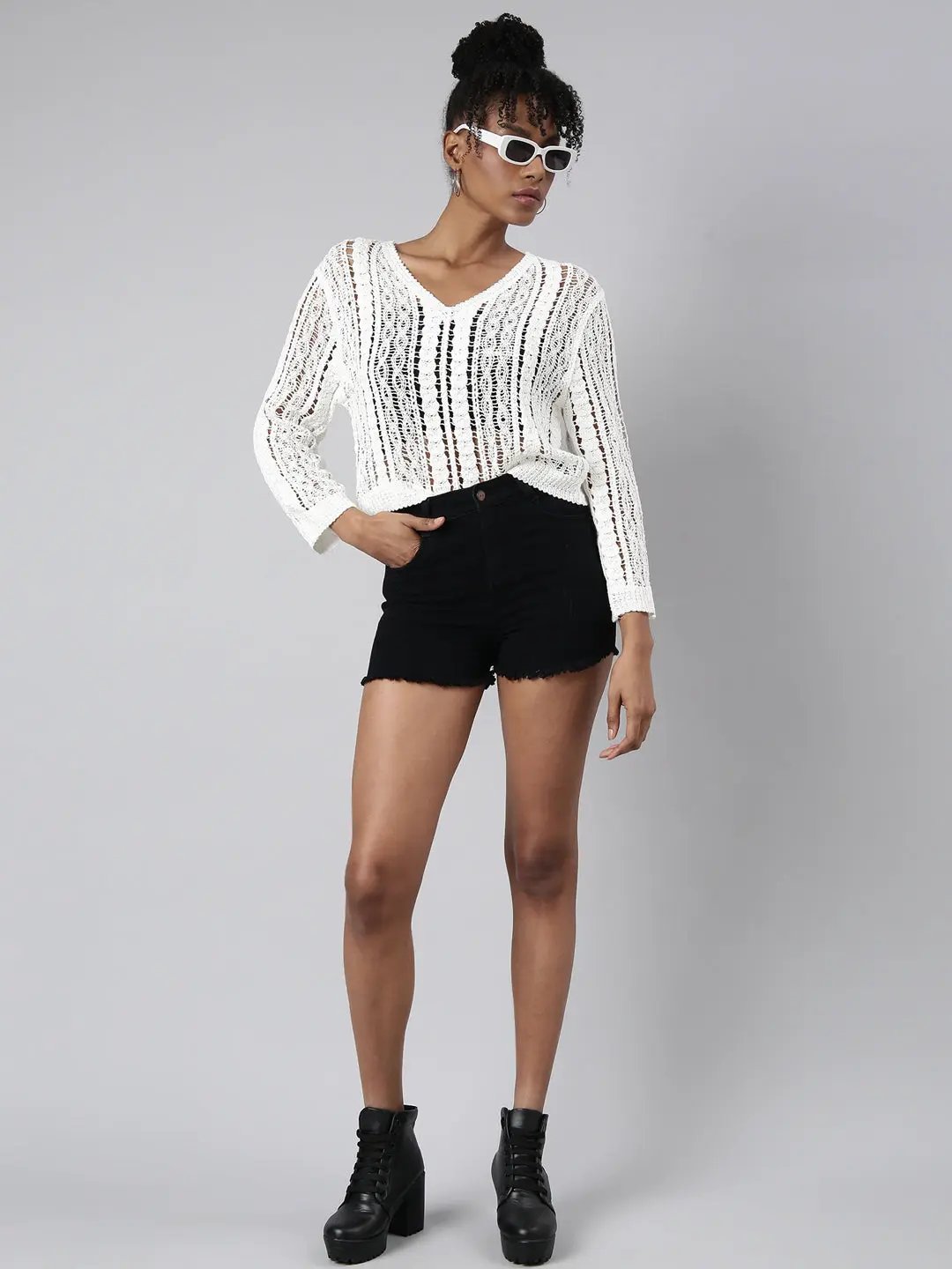 Women's White Self Design Crochet Top