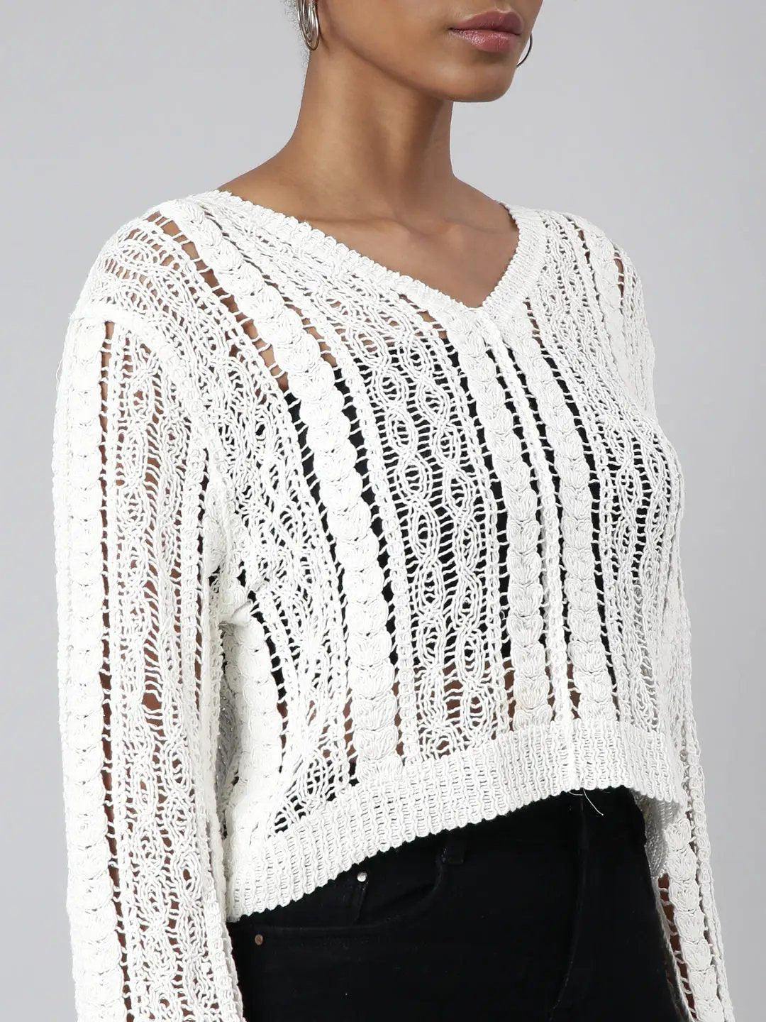 Women's White Self Design Crochet Top