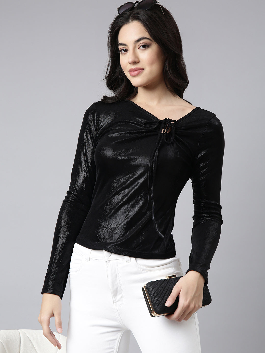 Women Solid Black Fitted Top