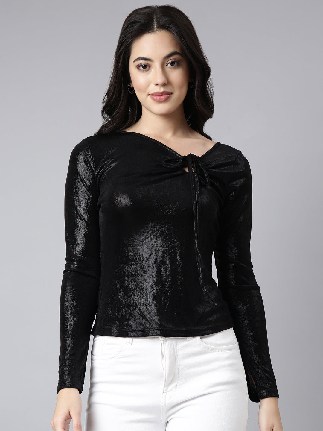 Women Solid Black Fitted Top