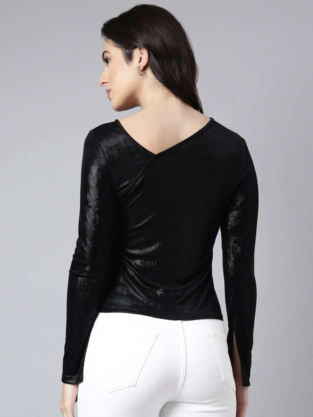 Women Solid Black Fitted Top