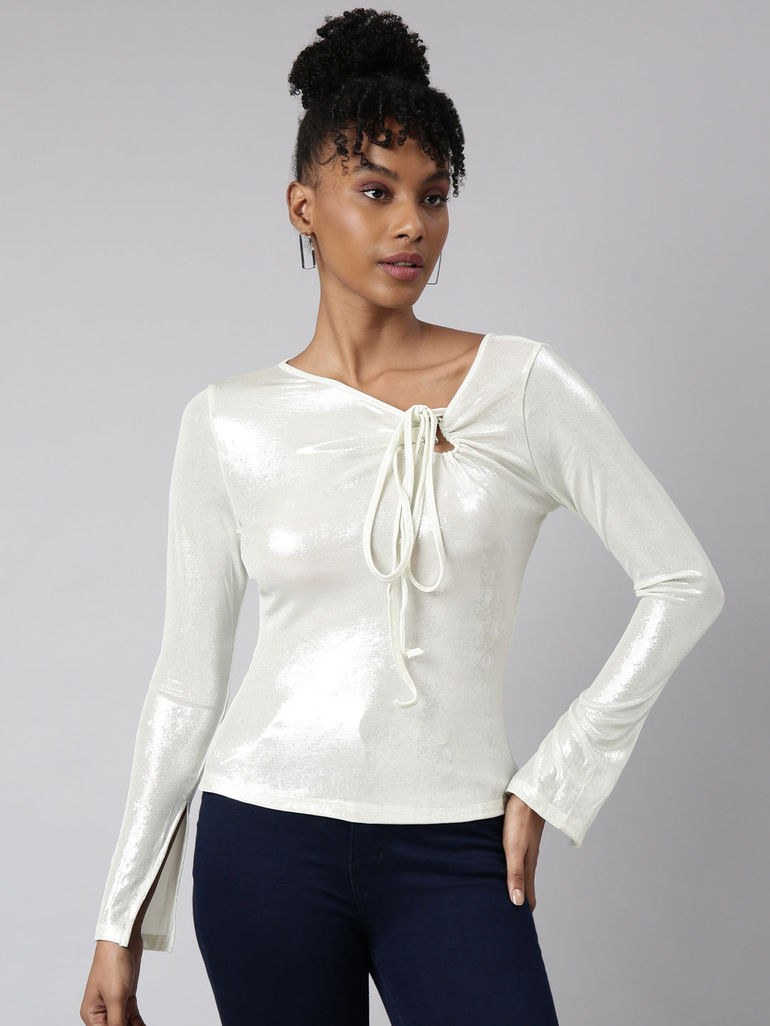 Women White Shimmer Fitted Top