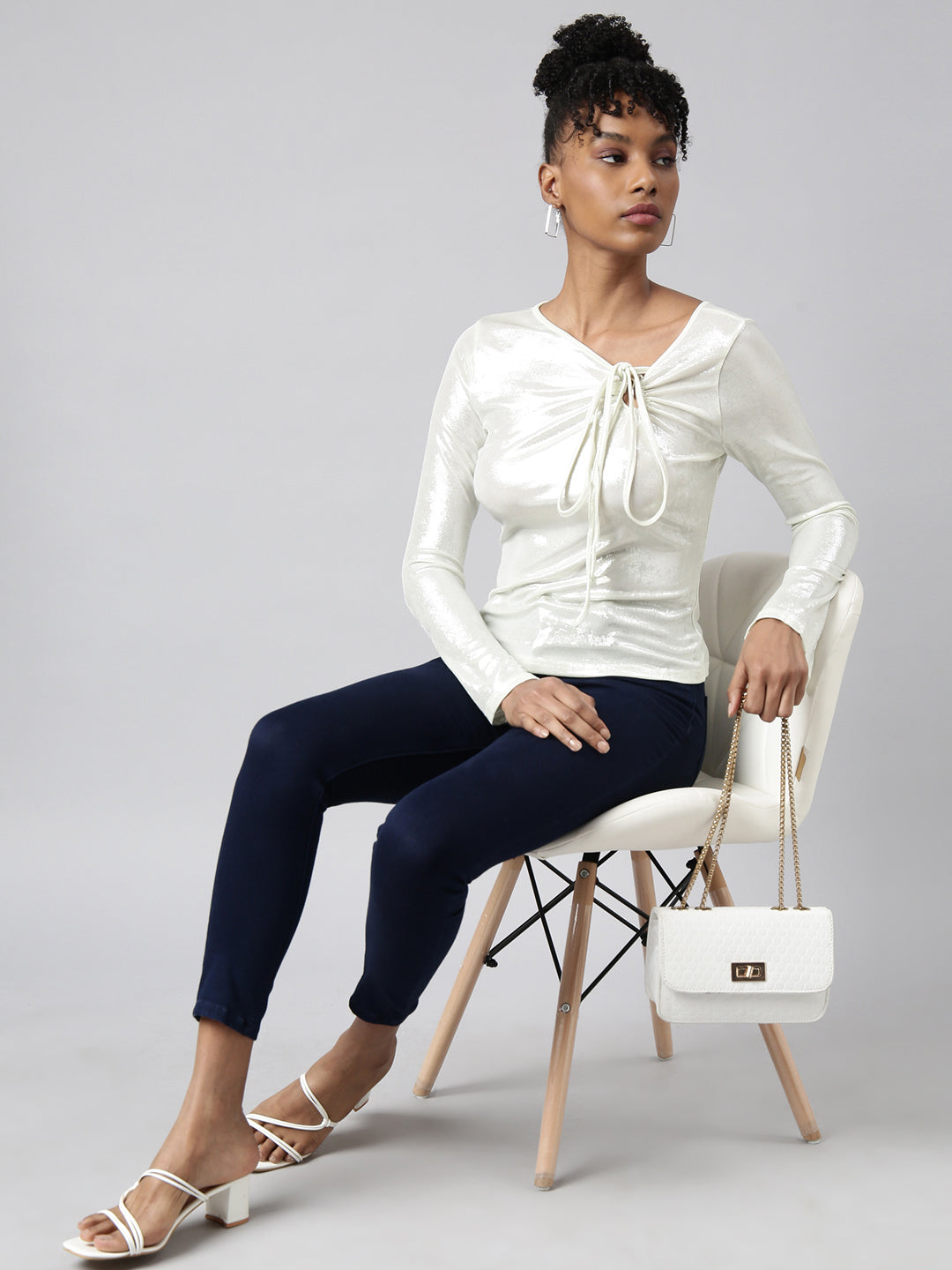 Women White Shimmer Fitted Top