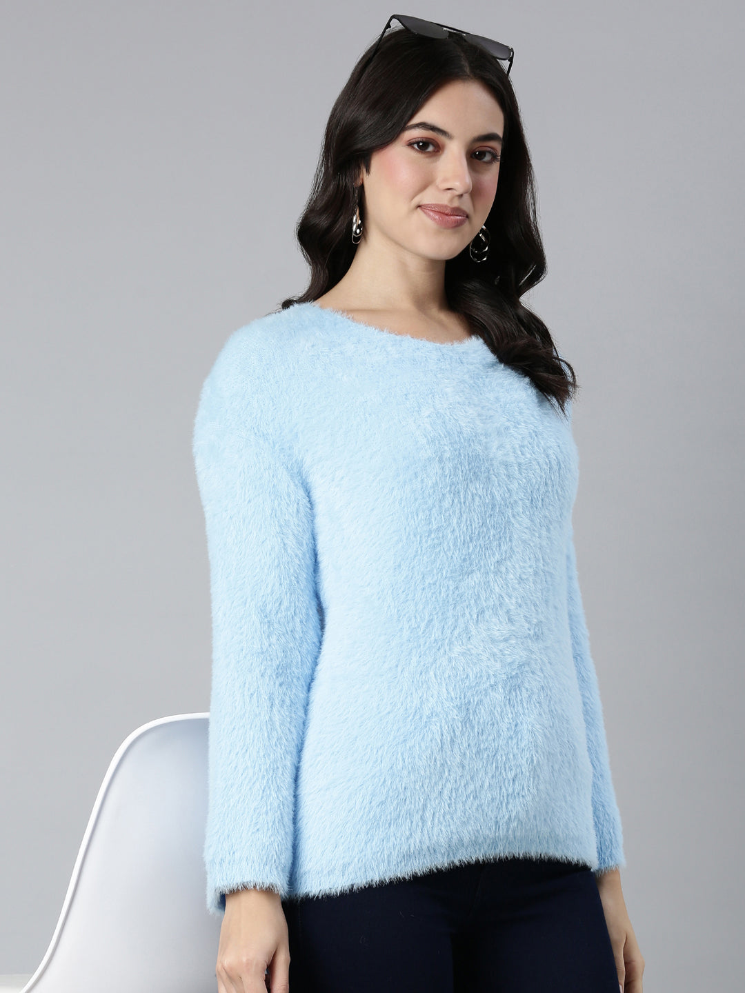 Women's Solid Blue Drop Shoulder Pullover