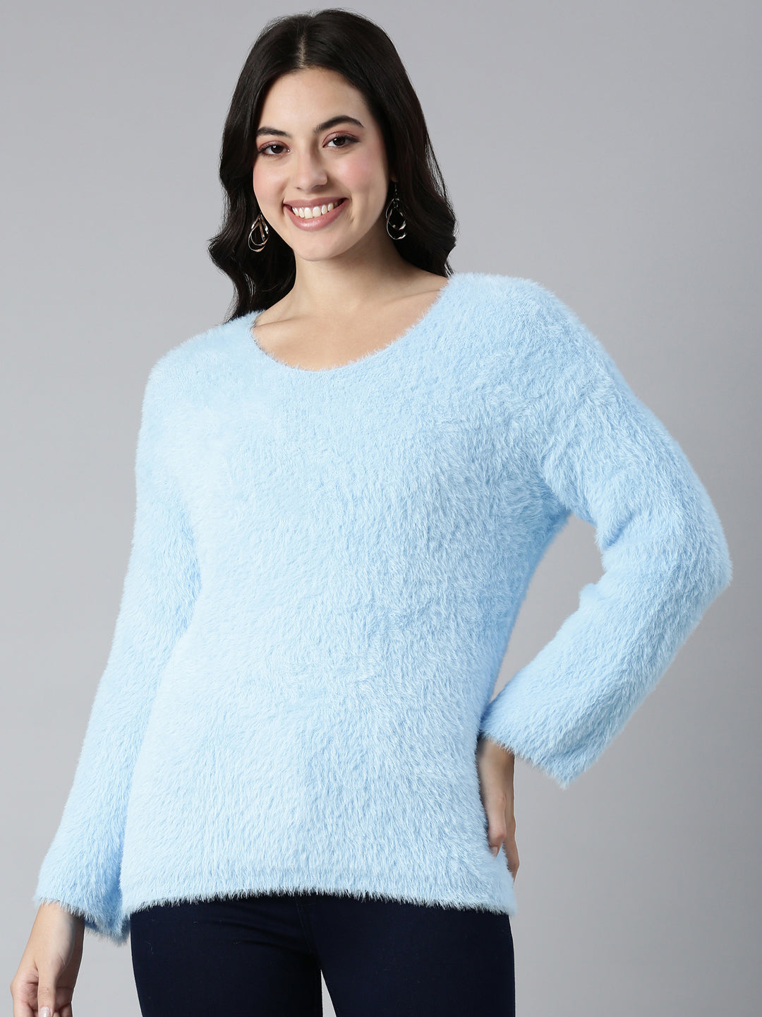Women's Solid Blue Drop Shoulder Pullover
