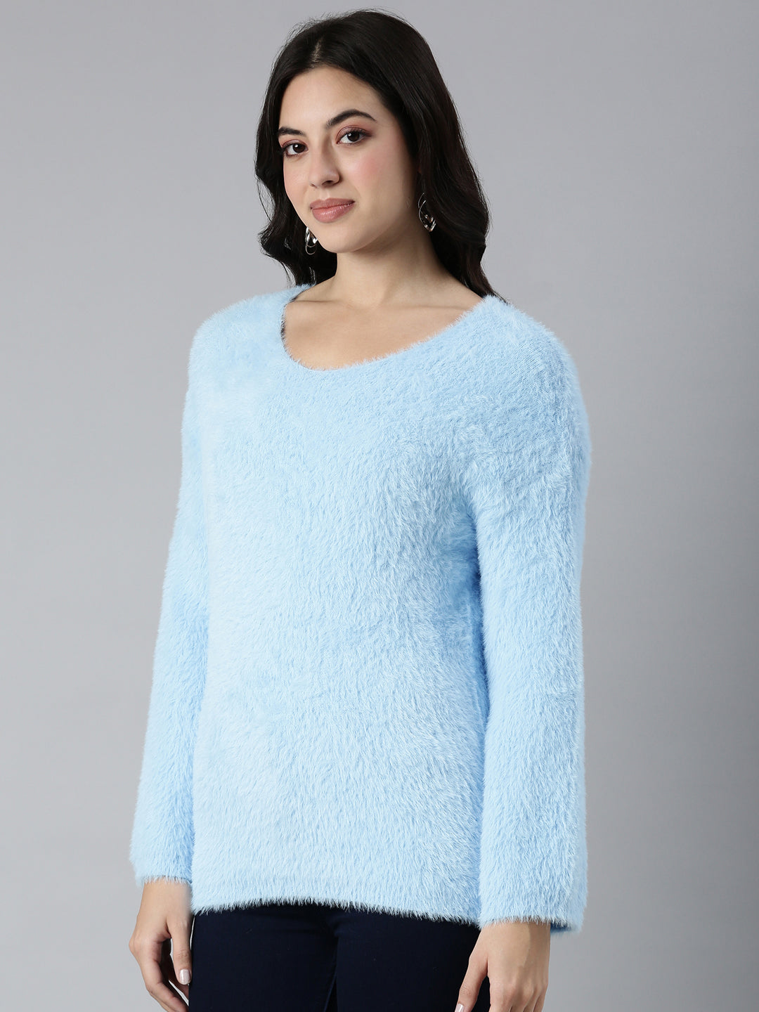 Women's Solid Blue Drop Shoulder Pullover