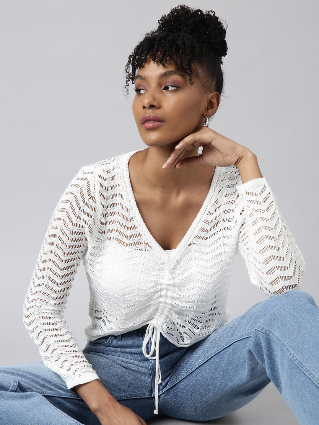 Women's White Solid Crochet Top