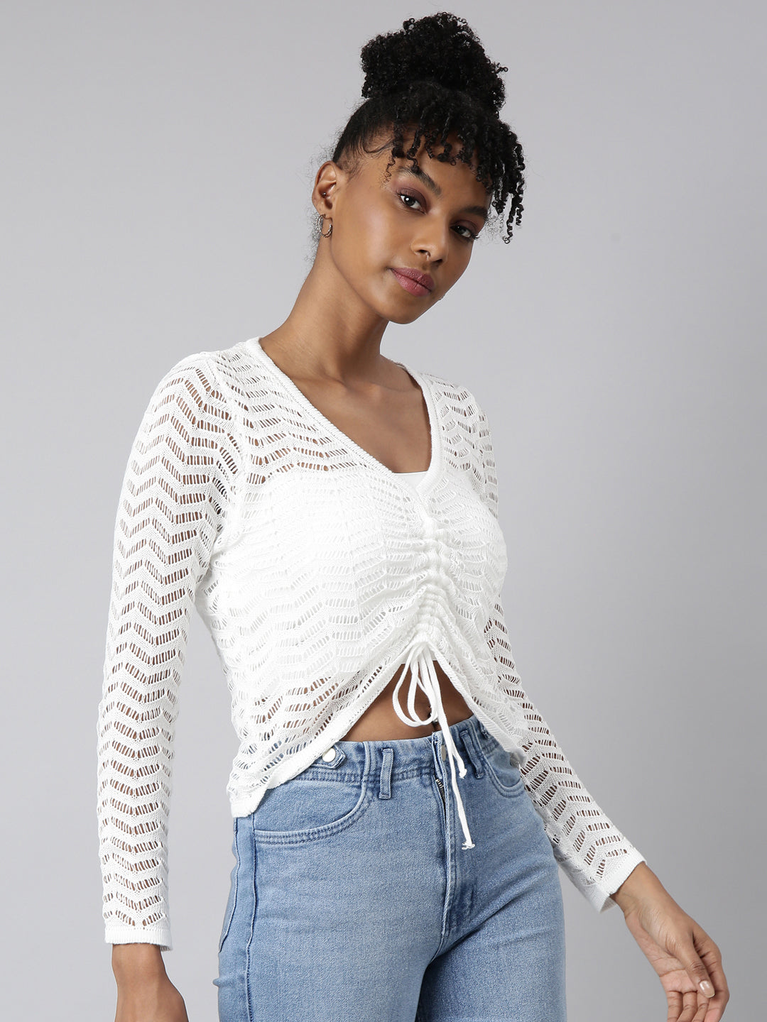 Women's White Solid Crochet Top