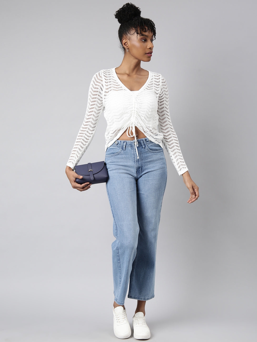 Women's White Solid Crochet Top