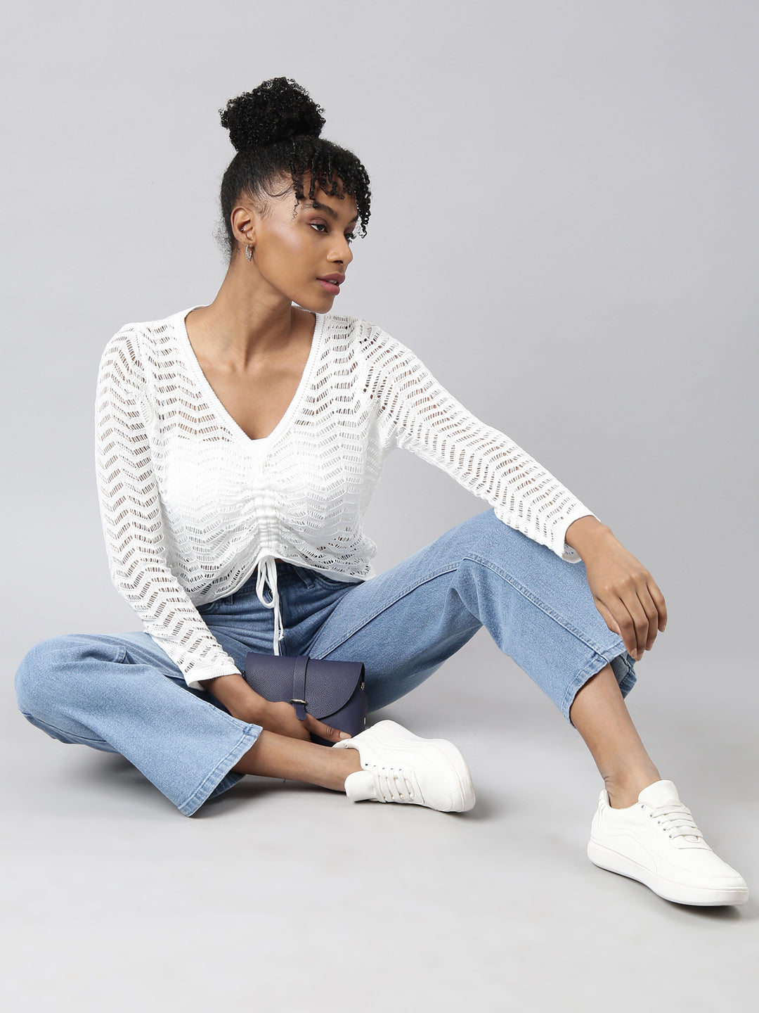 Women's White Solid Crochet Top