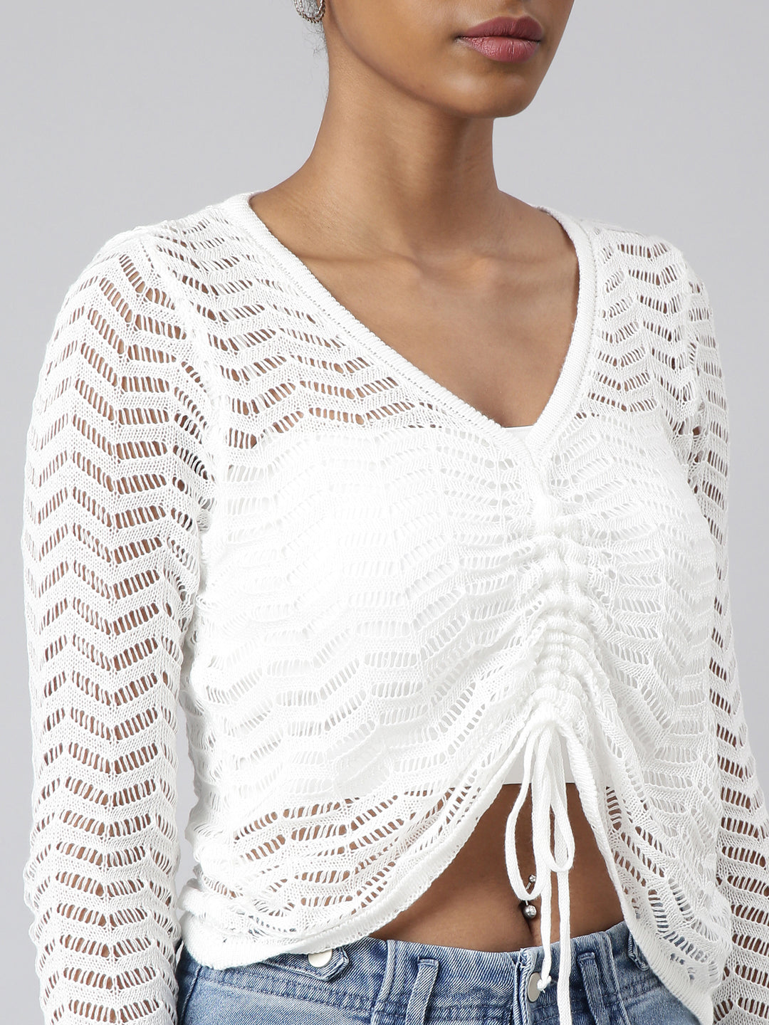 Women's White Solid Crochet Top