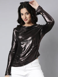 Women's Brown Cowl Neck Fitted Top
