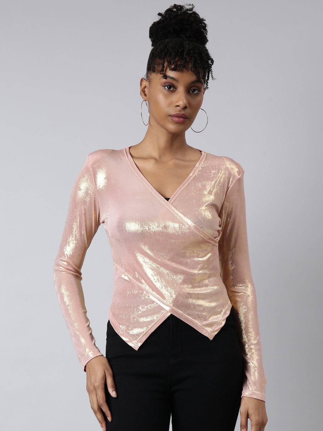 Women Peach Shimmer Wrap Top