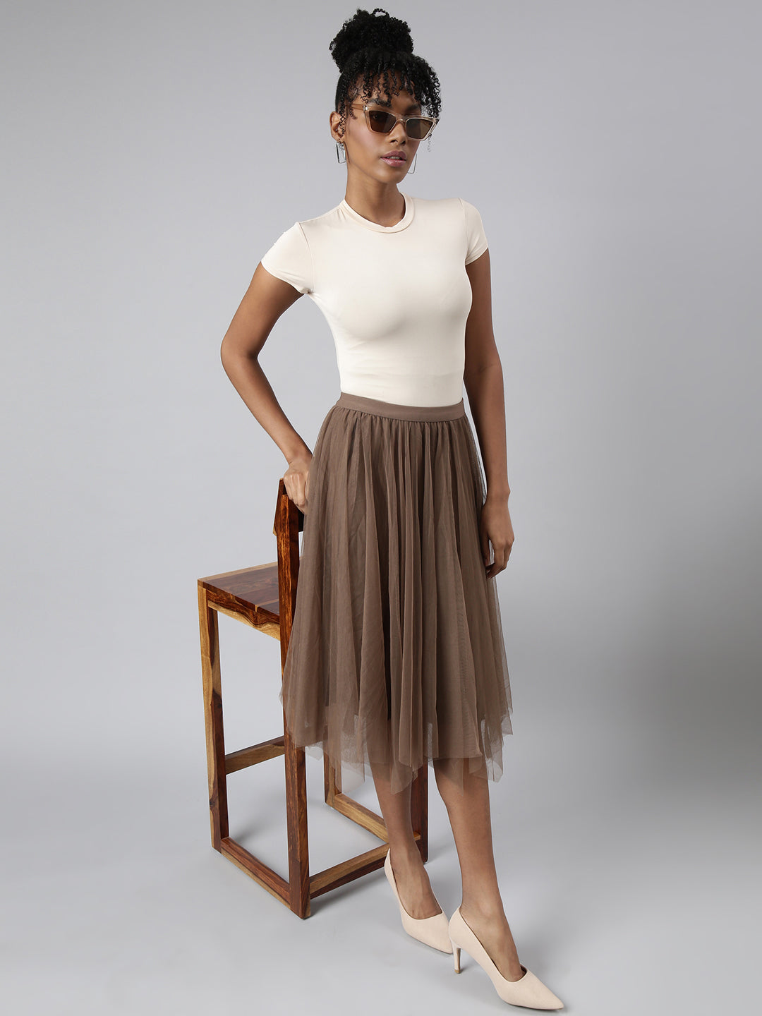 Women Flared Midi Brown Solid Skirt