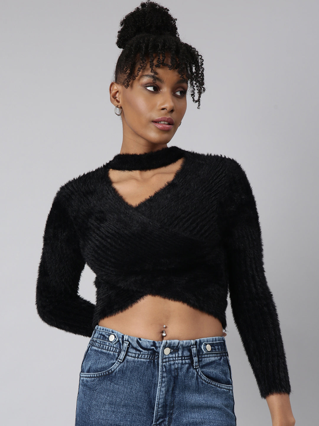 Women Black Solid Wrap Crop Top