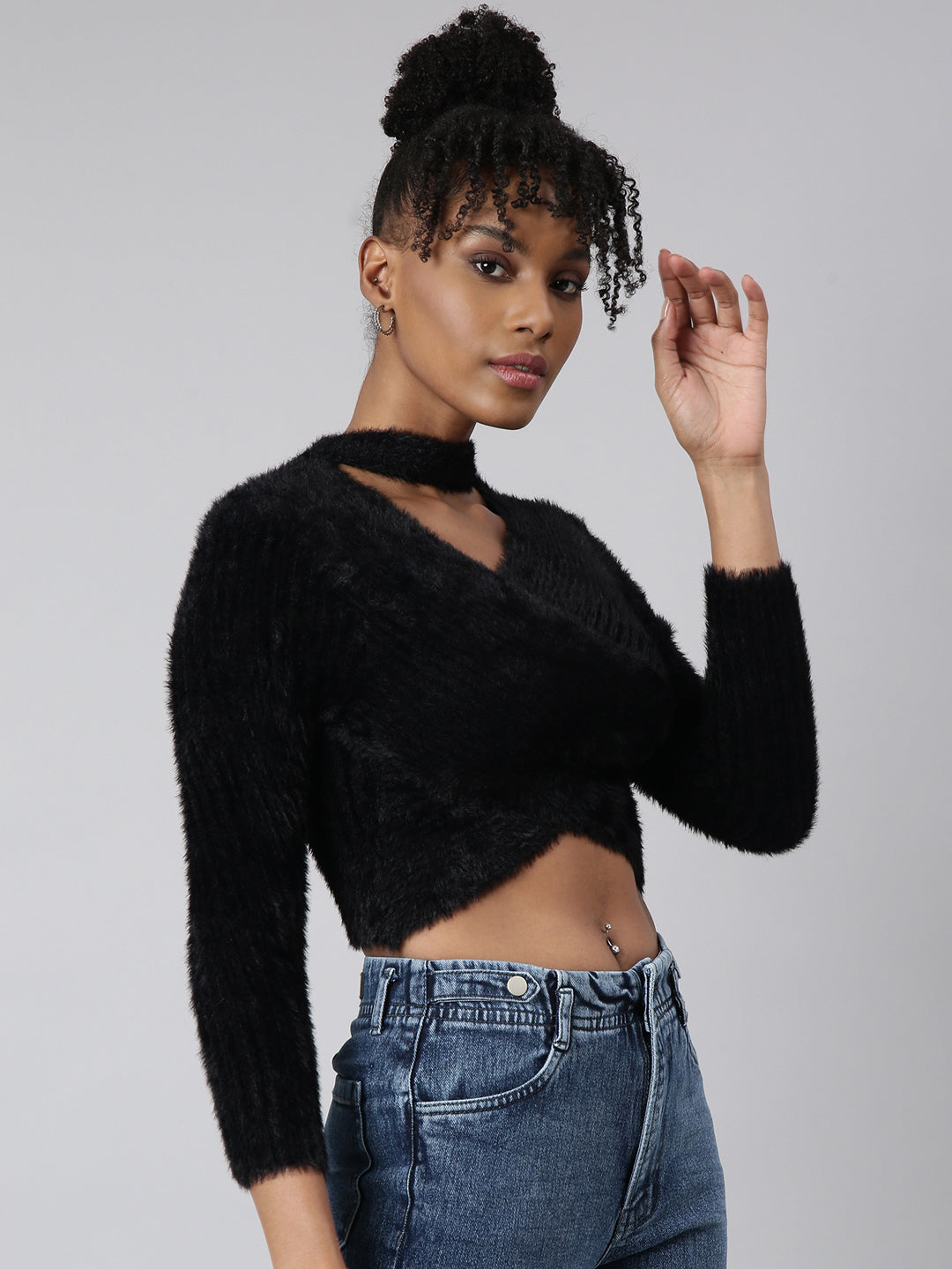 Women Black Solid Wrap Crop Top