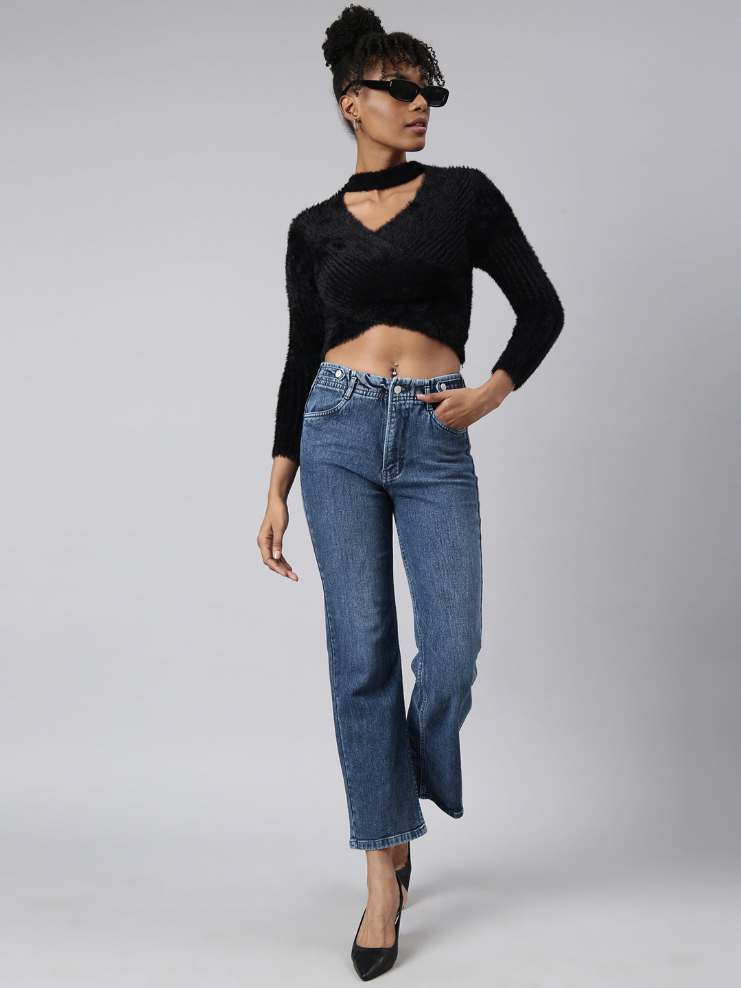 Women Black Solid Wrap Crop Top