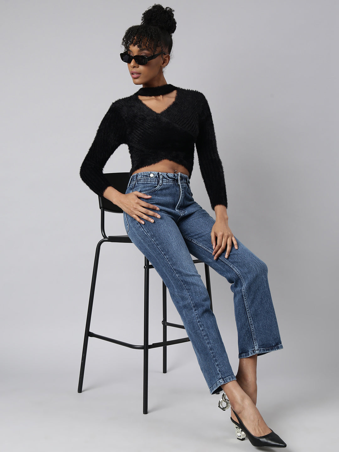 Women Black Solid Wrap Crop Top