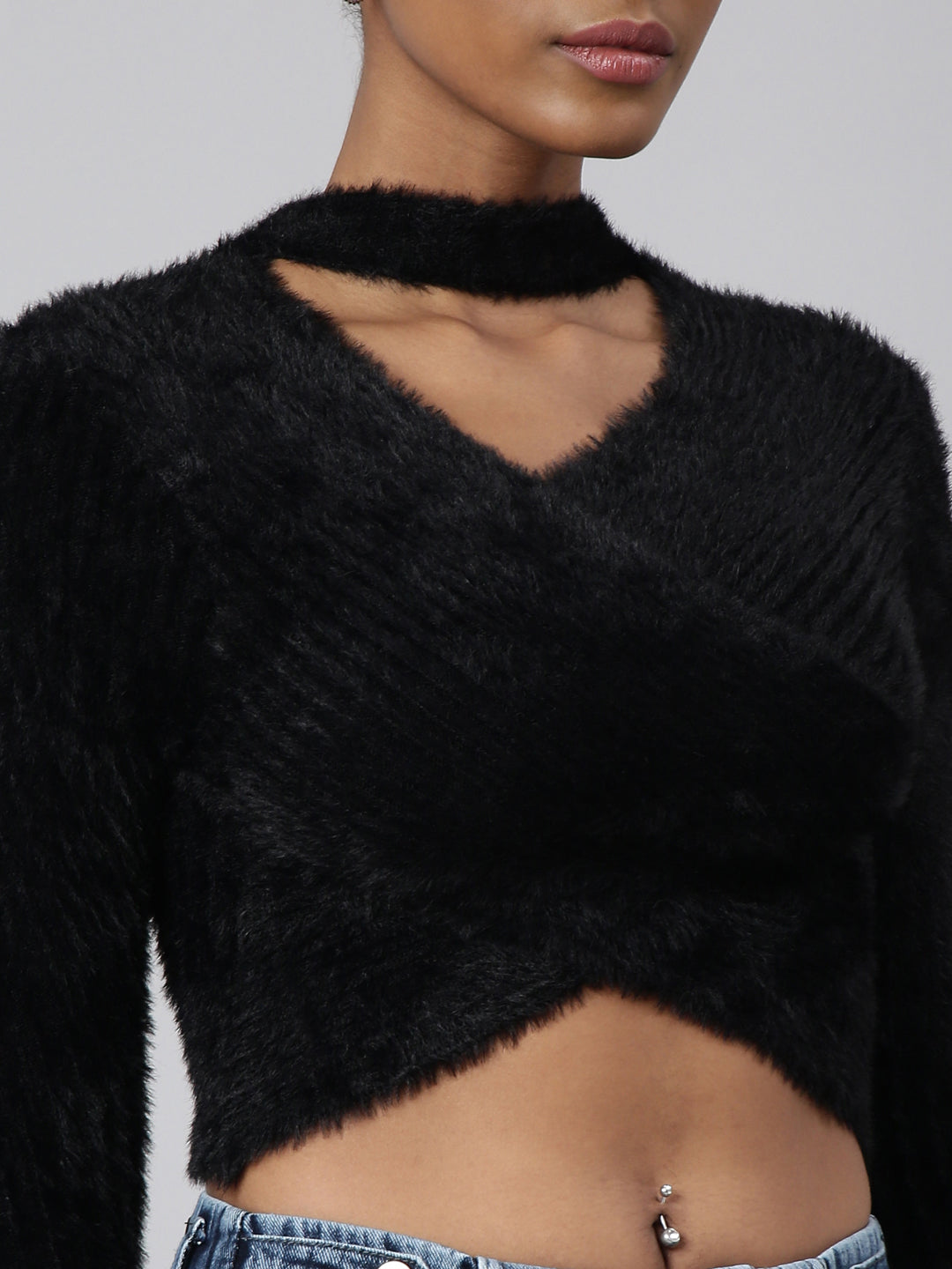 Women Black Solid Wrap Crop Top