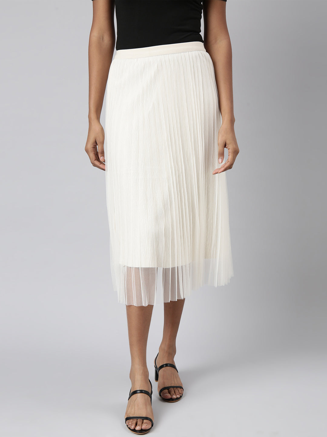 Women Tiered Midi Cream Solid Skirt