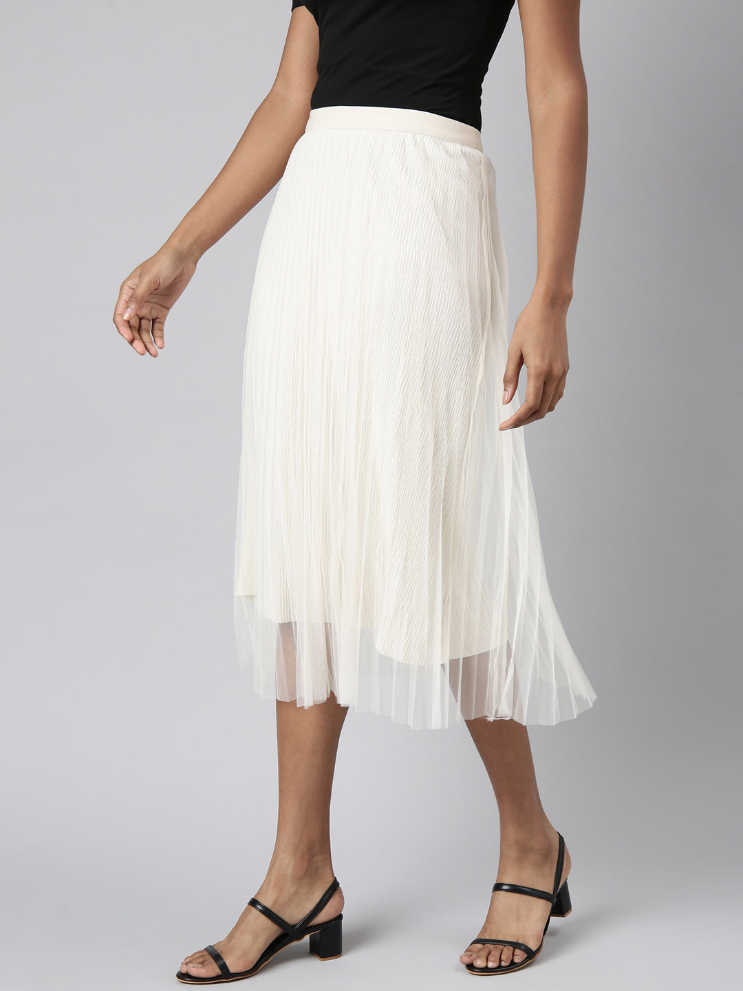 Women Tiered Midi Cream Solid Skirt