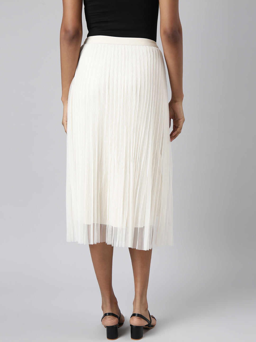 Women Tiered Midi Cream Solid Skirt