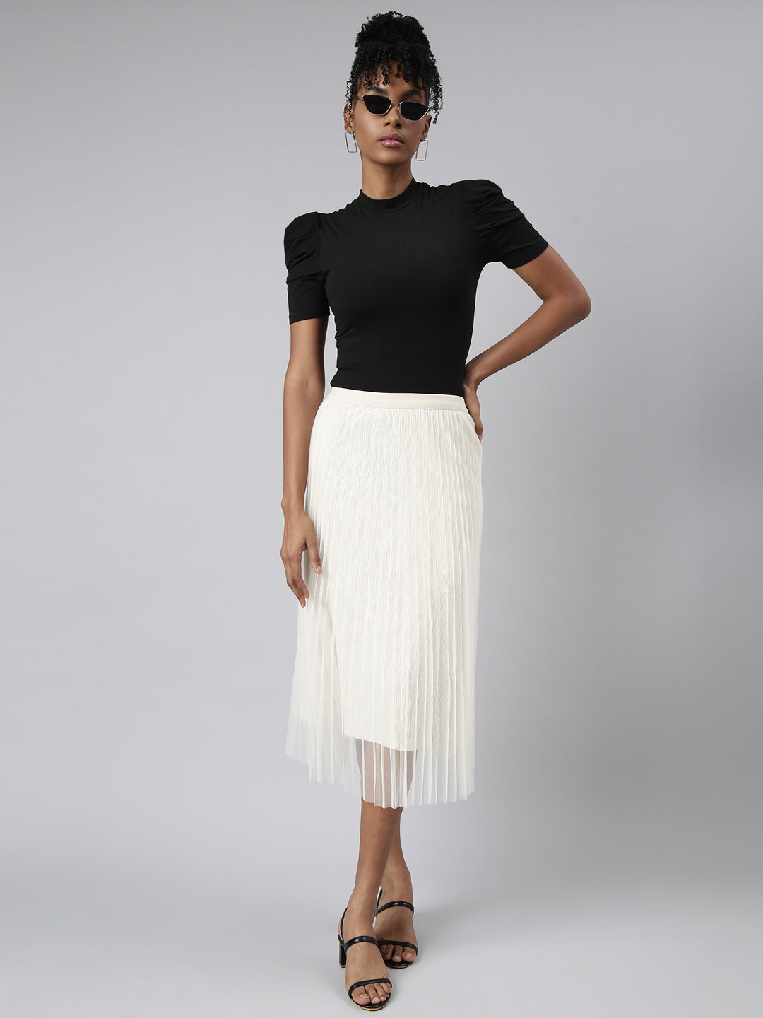 Women Tiered Midi Cream Solid Skirt