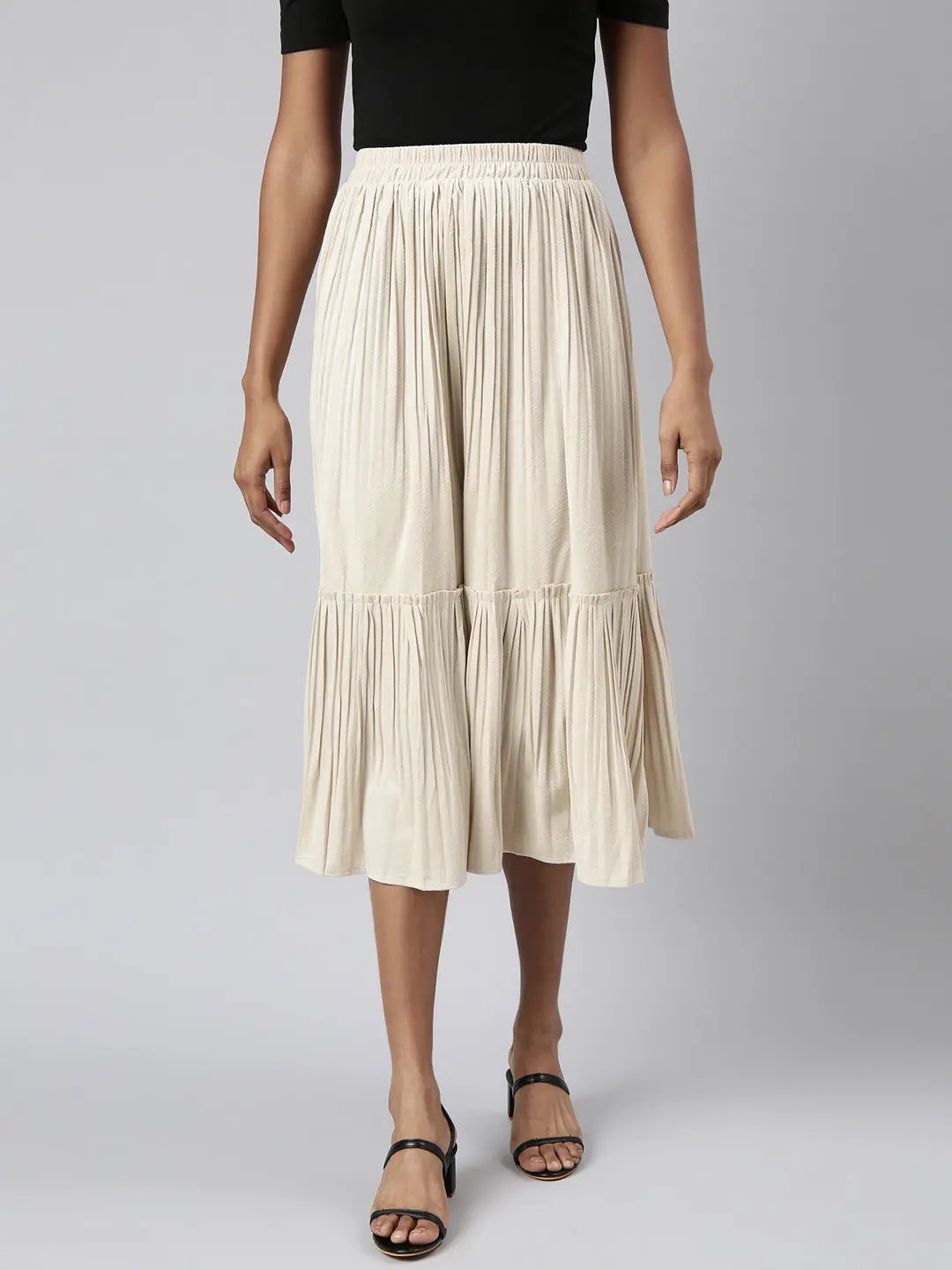 Women's Tiered Midi Beige Solid Tiered Skirt