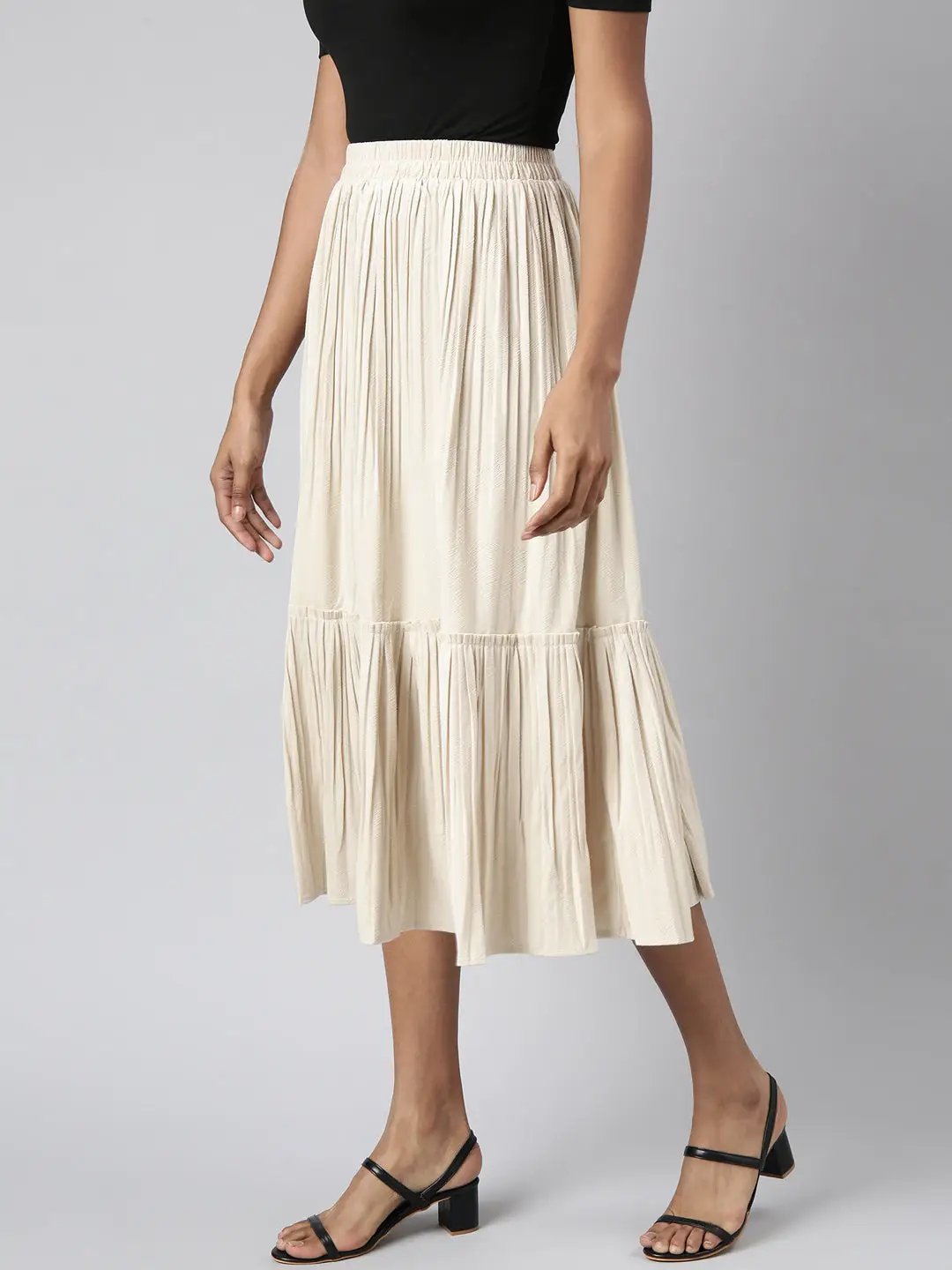 Women's Tiered Midi Beige Solid Tiered Skirt