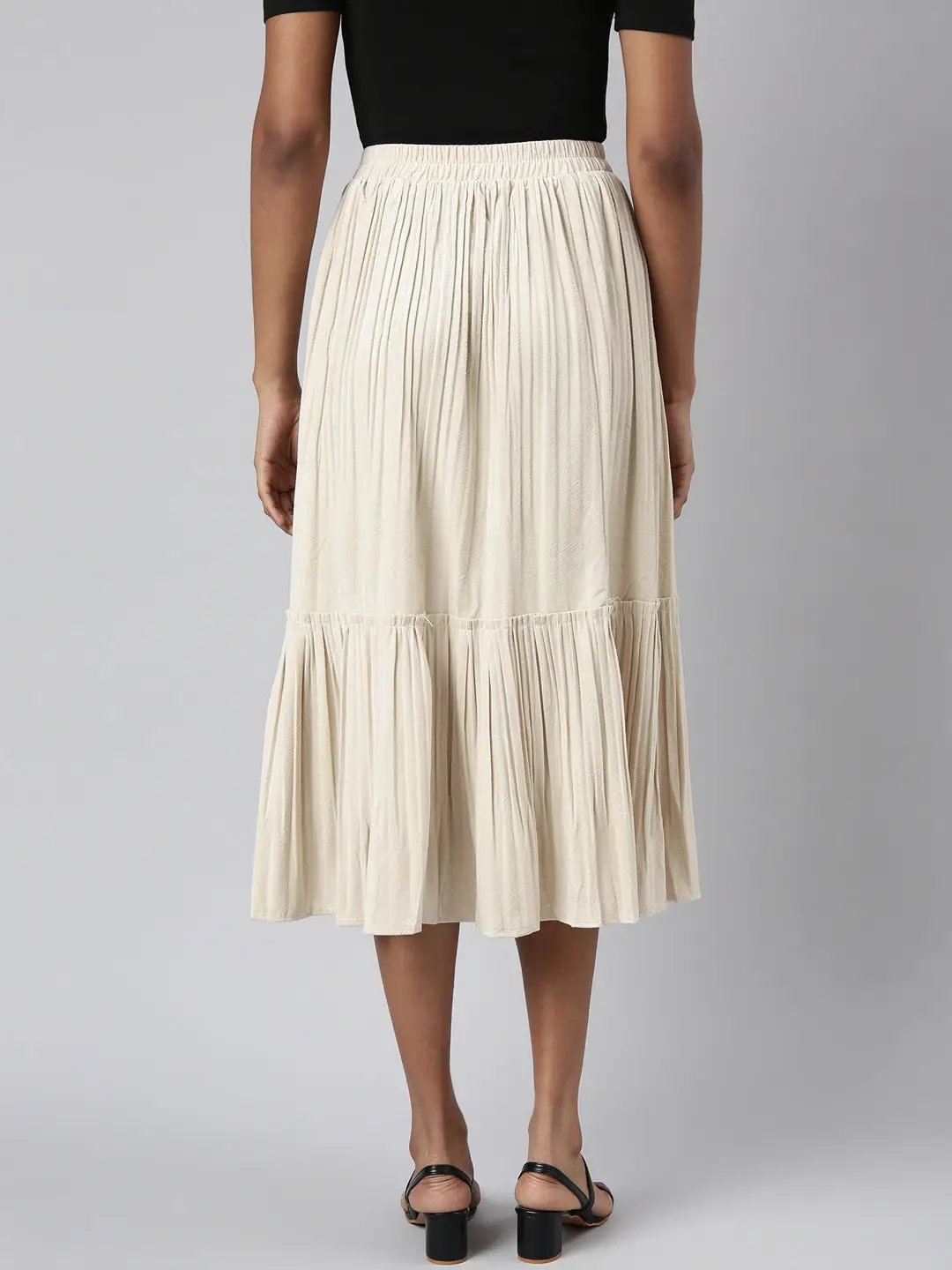Women's Tiered Midi Beige Solid Tiered Skirt