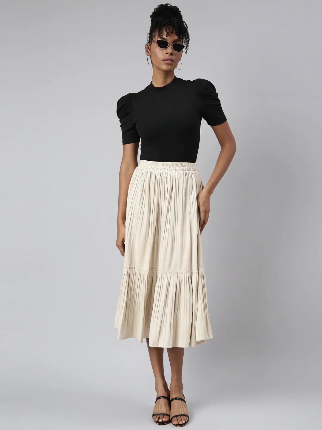 Women's Tiered Midi Beige Solid Tiered Skirt