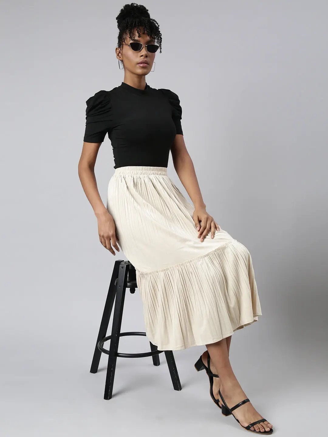 Women's Tiered Midi Beige Solid Tiered Skirt